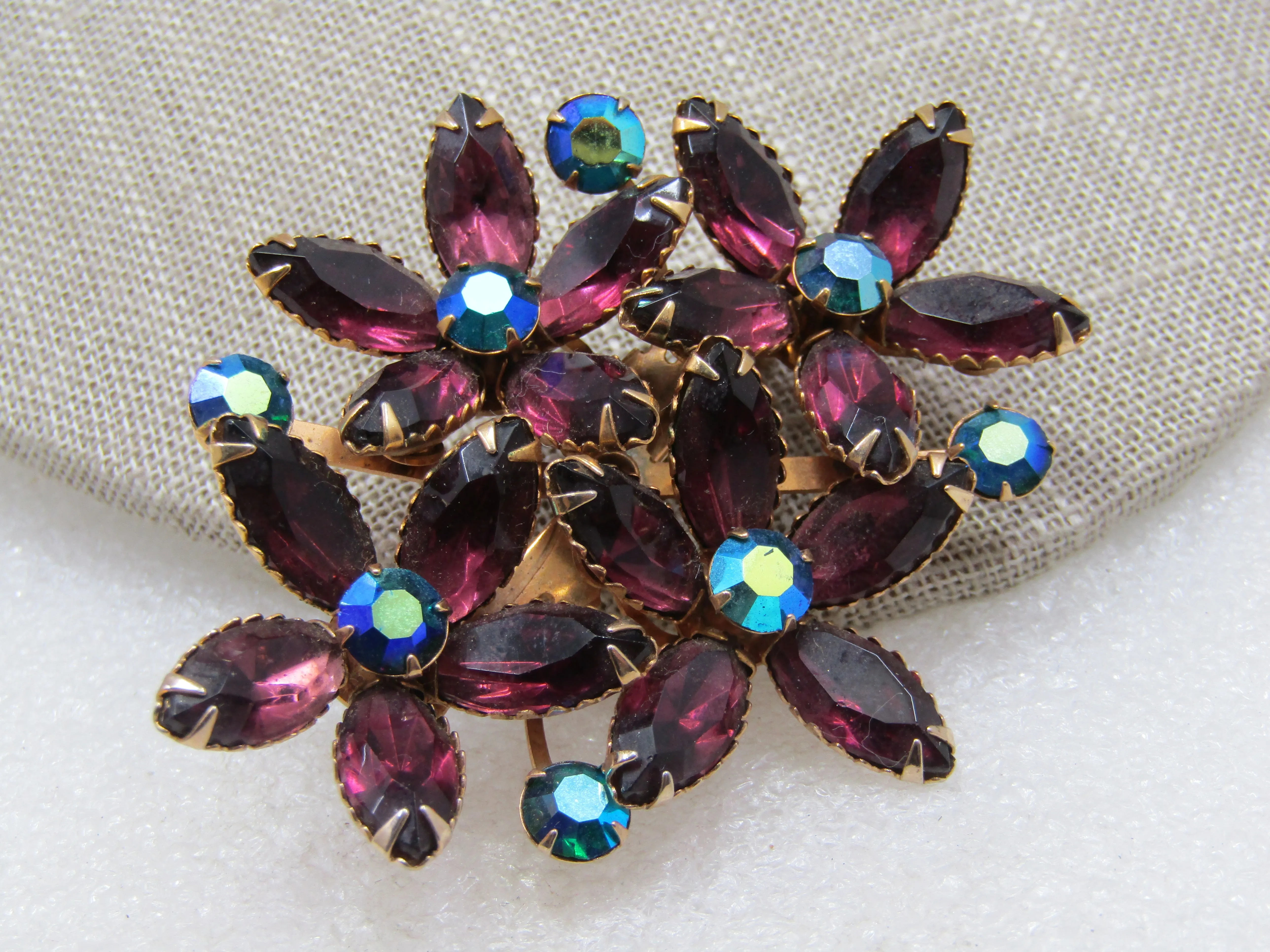 Vintage  Purple & Peachock A.B. Rhinestone Blossom Brooch, 1960's