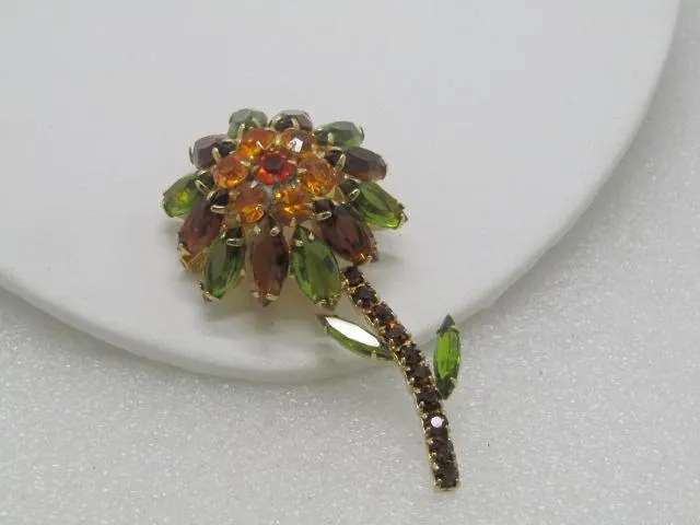 Vintage Rhinestone Domed Flower Stem Brooch, 3", Amber, Green, Gold, 1960's