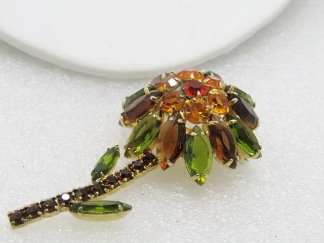 Vintage Rhinestone Domed Flower Stem Brooch, 3", Amber, Green, Gold, 1960's