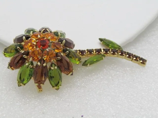 Vintage Rhinestone Domed Flower Stem Brooch, 3", Amber, Green, Gold, 1960's