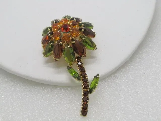 Vintage Rhinestone Domed Flower Stem Brooch, 3", Amber, Green, Gold, 1960's