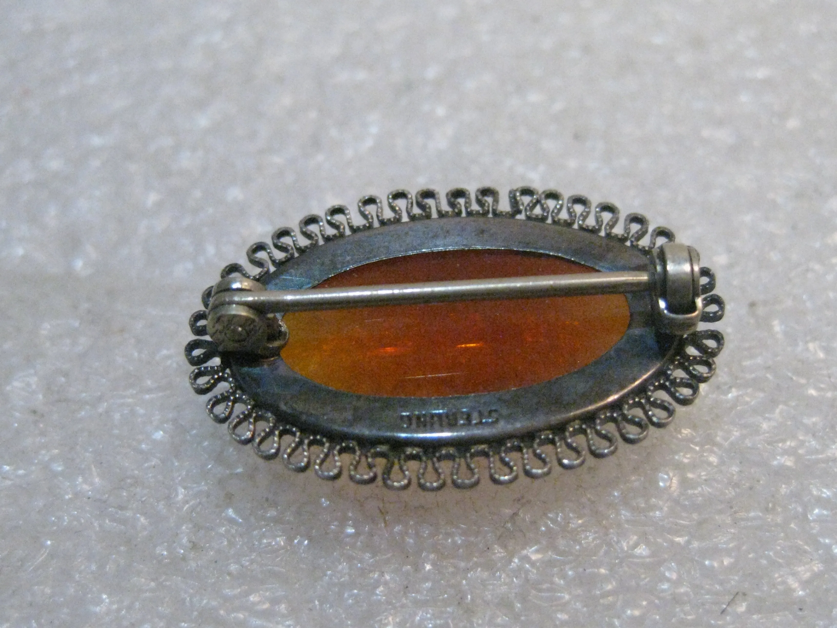 Vintage Silver Dragon's Breath Brooch, Oval, Filigree Framed, 1930's 1-1/8", 6 grams