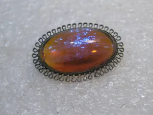 Vintage Silver Dragon's Breath Brooch, Oval, Filigree Framed, 1930's 1-1/8", 6 grams