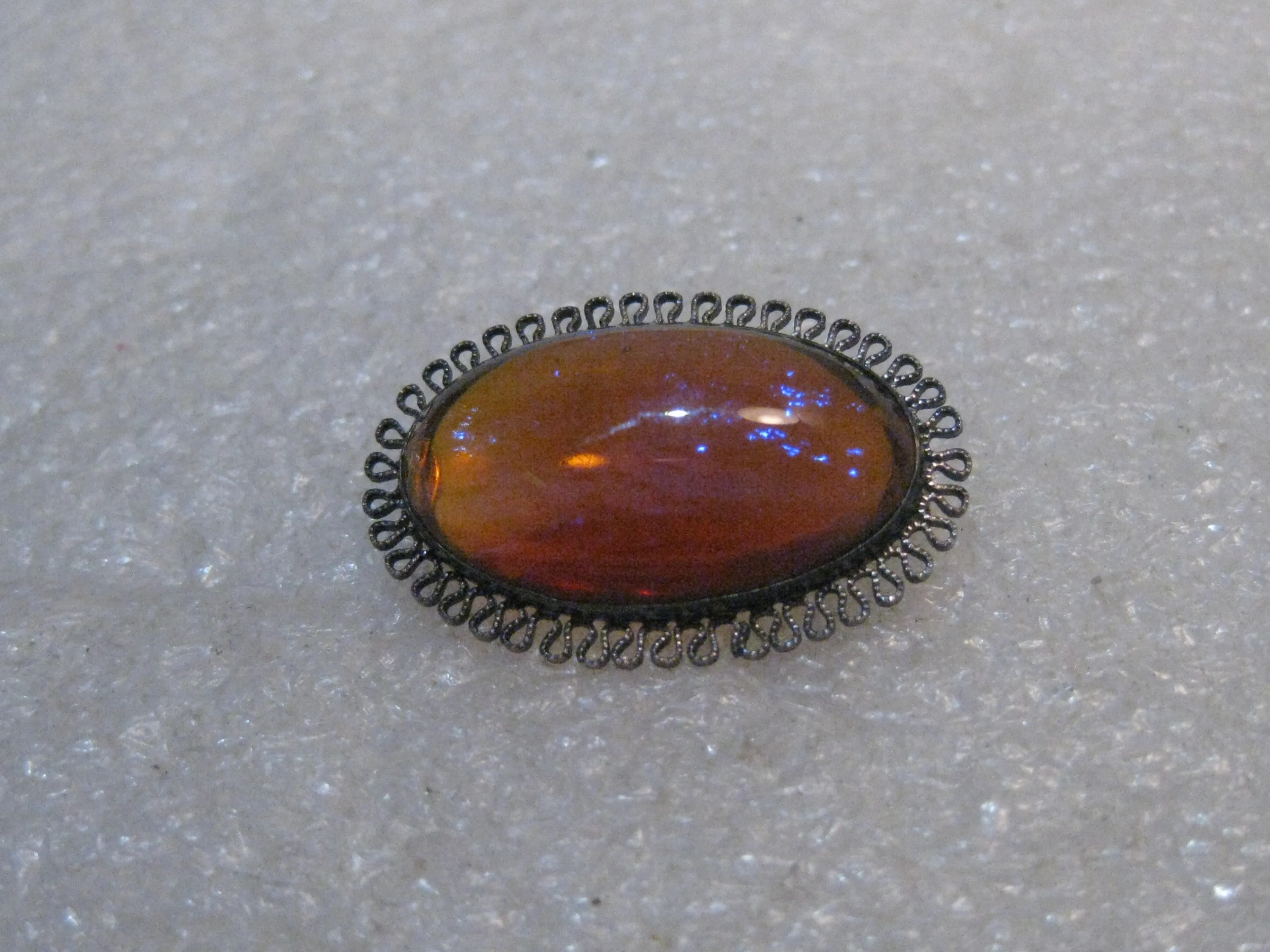 Vintage Silver Dragon's Breath Brooch, Oval, Filigree Framed, 1930's 1-1/8", 6 grams