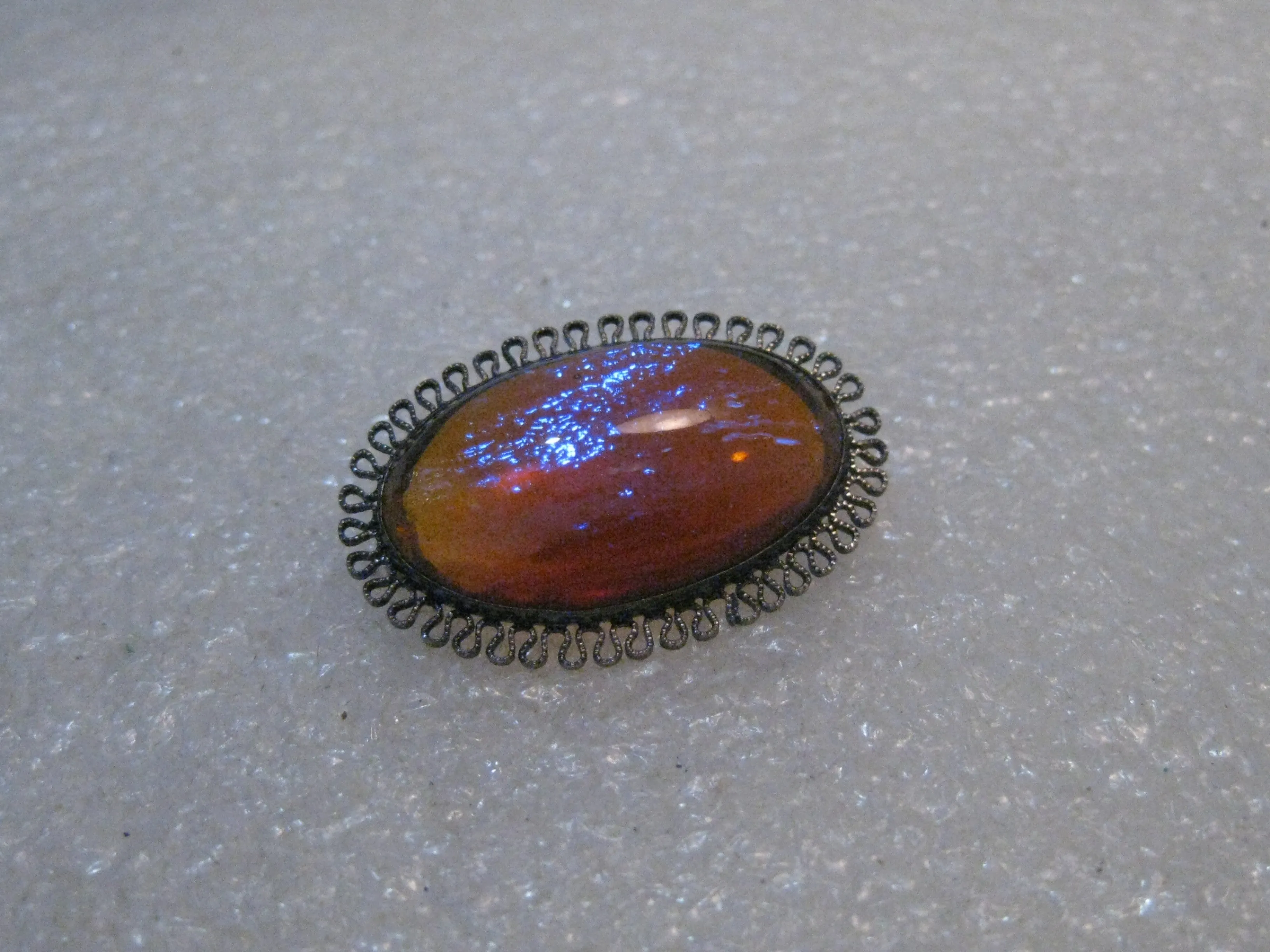 Vintage Silver Dragon's Breath Brooch, Oval, Filigree Framed, 1930's 1-1/8", 6 grams