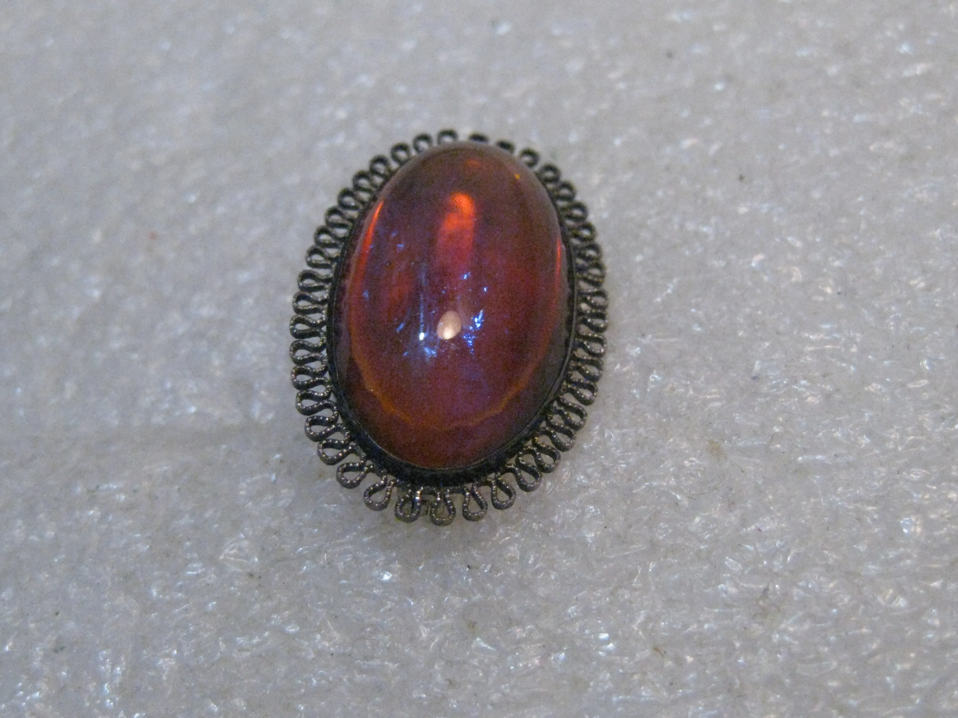 Vintage Silver Dragon's Breath Brooch, Oval, Filigree Framed, 1930's 1-1/8", 6 grams