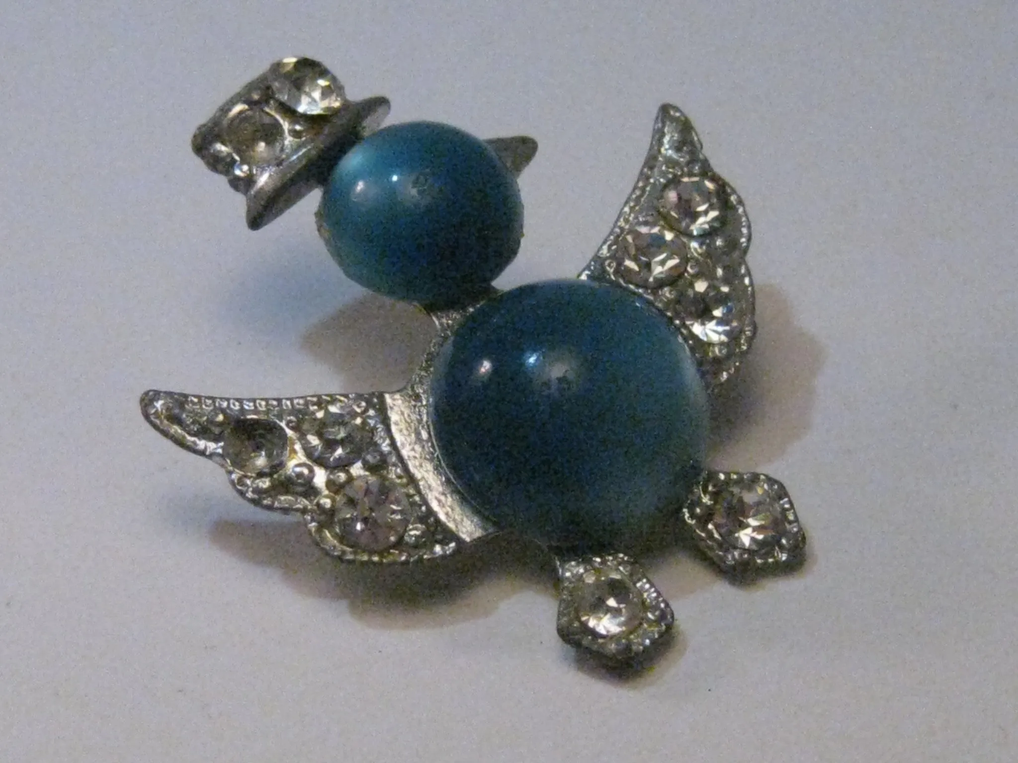 Vintage Silver Tone Lucite Blue Moonstone Duck & Rhinestone Top Hat Brooch, Clear Pave Wings, Hat, Feet - All Stones present