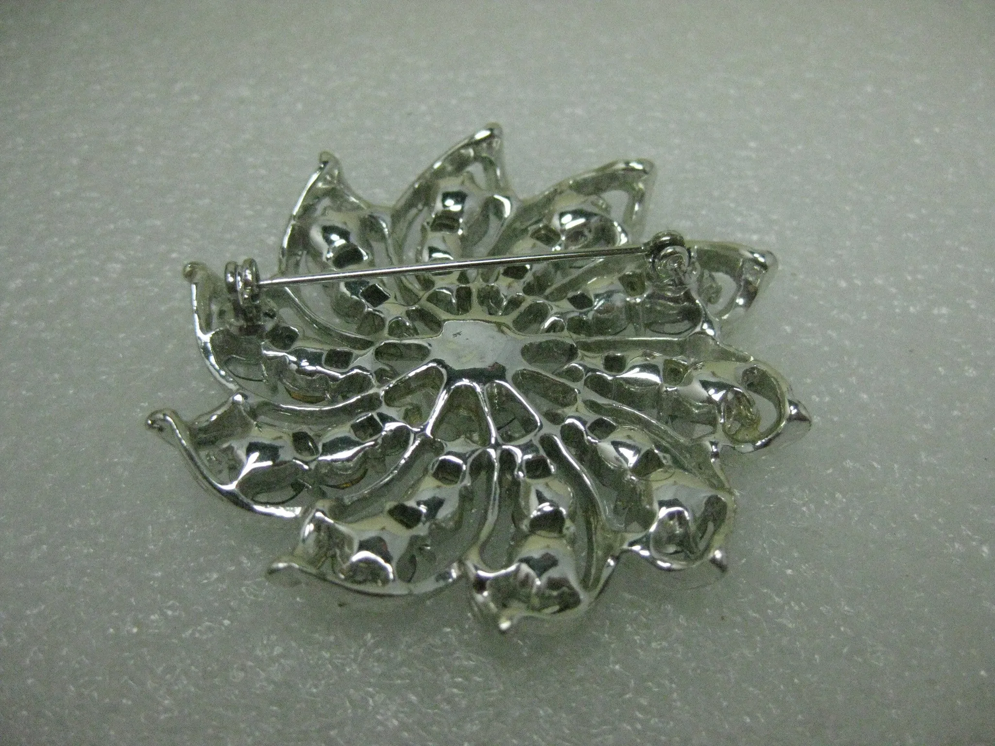 Vintage Silver Tone Spiral Rhinestone Brooch, Shades of Blue & Teal, 2", Mid-Century