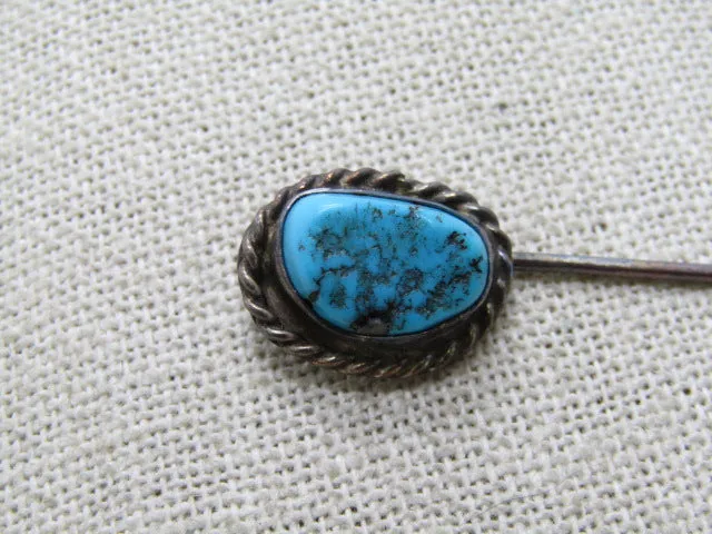 Vintage Southwestern Turquoise Stick Pin, Sterling Silver, 3.5", 4.30 gr. 1960's-1970's.