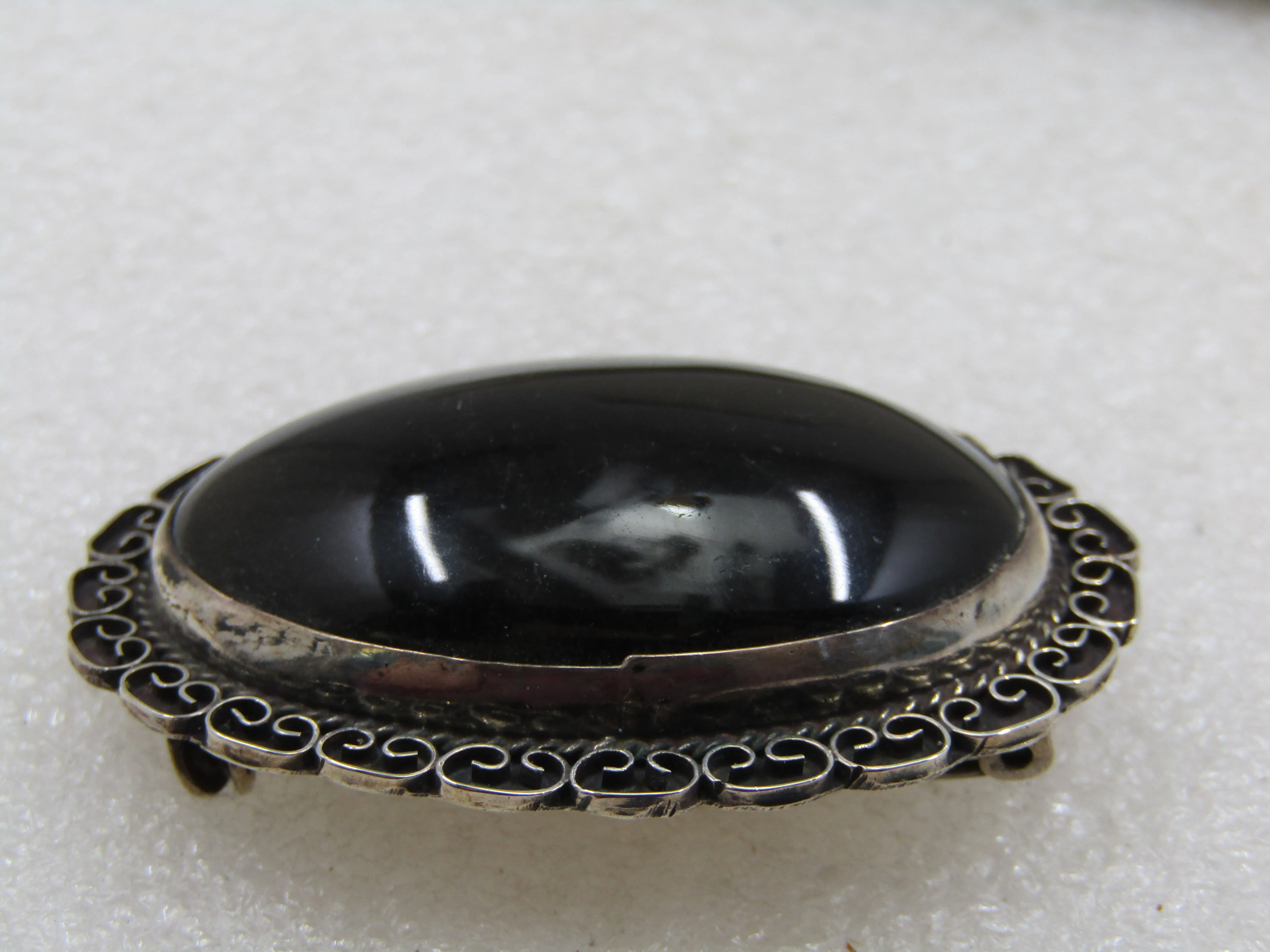 Vintage Sterling Mexican Jet/Onyx Brooch Pendant, 2" by 1.5"