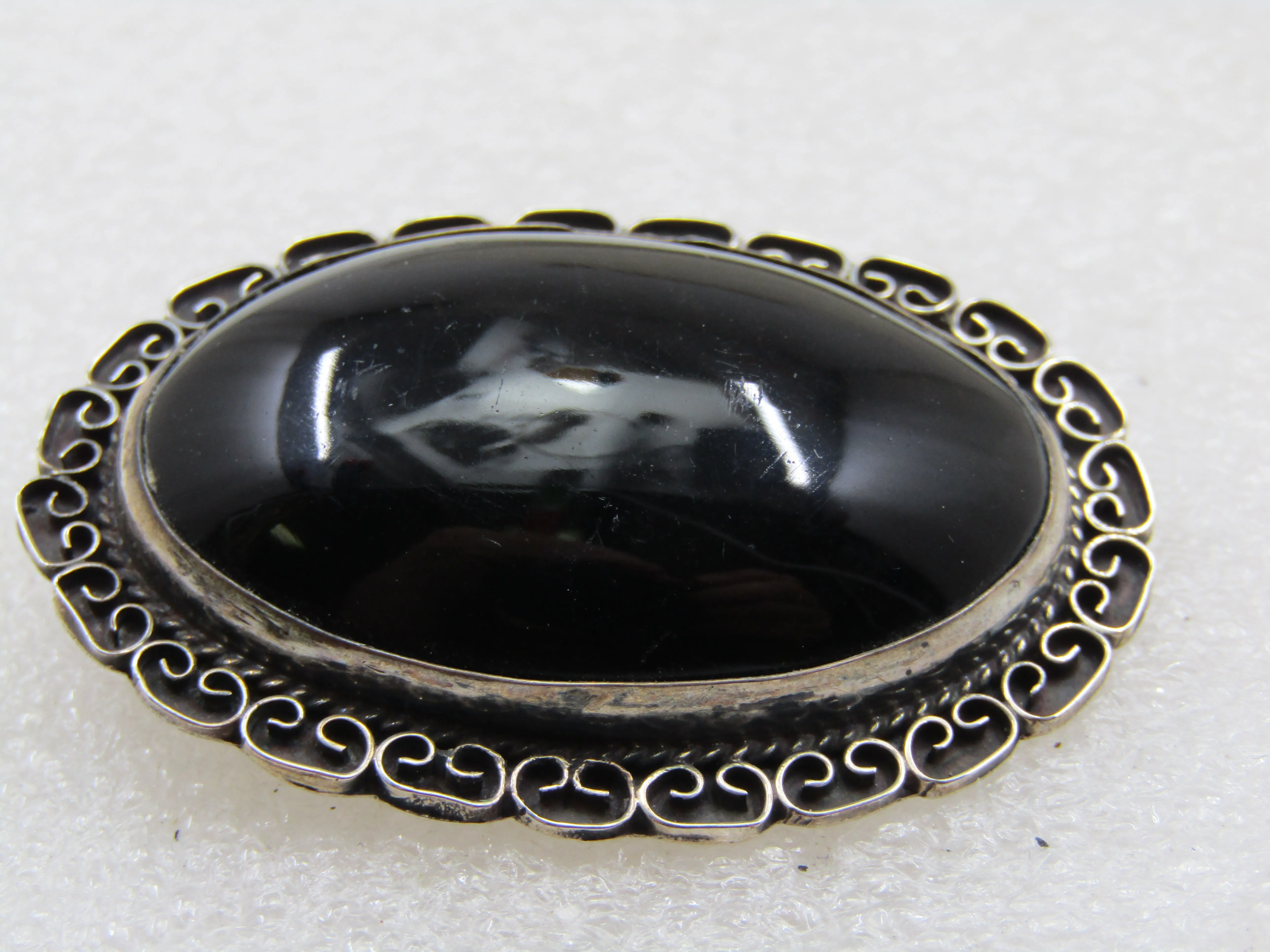 Vintage Sterling Mexican Jet/Onyx Brooch Pendant, 2" by 1.5"