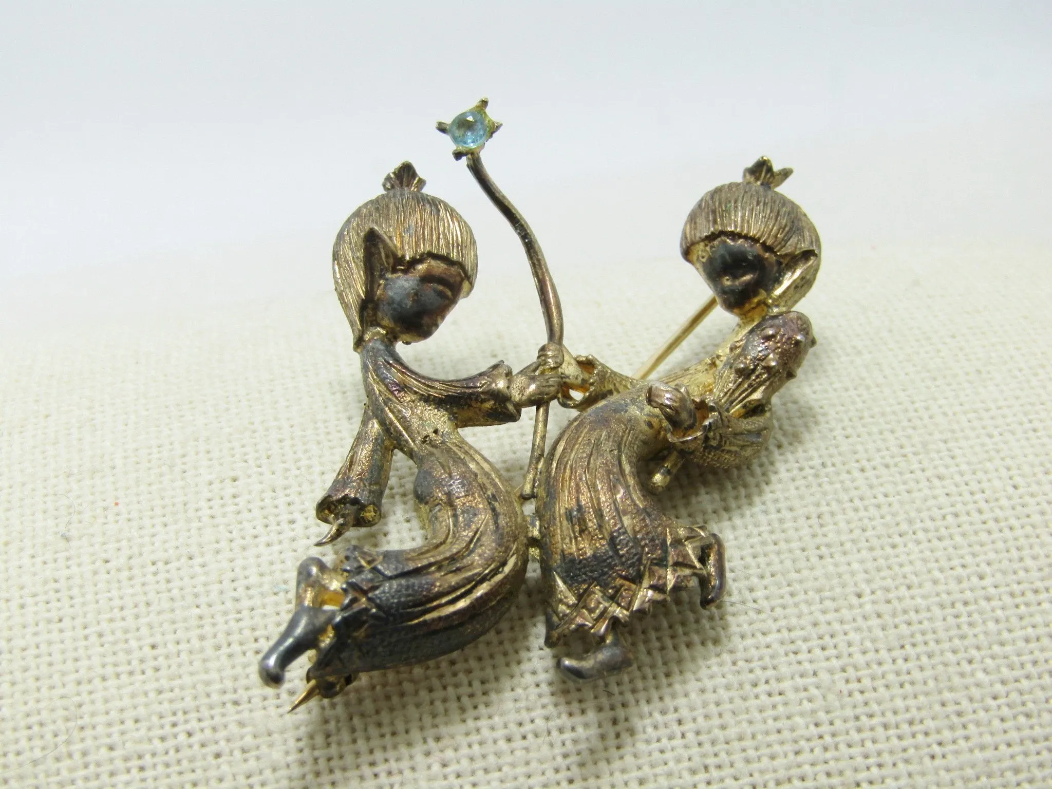 Vintage Sterling Vermeil Gemini Birthstone Brooch, Pixie Twins, Signed Vogue, Zodiac Collection, early 1900's, 16.61gr, 2"