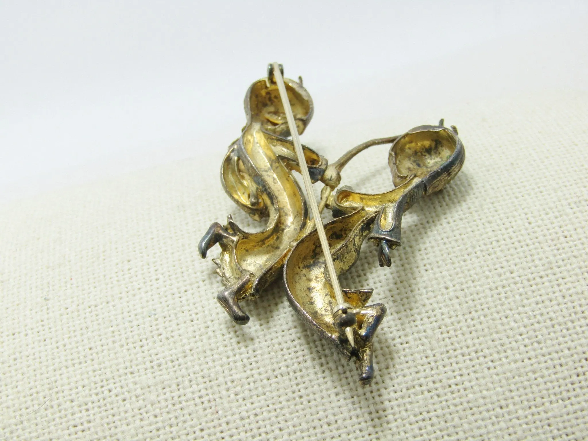 Vintage Sterling Vermeil Gemini Birthstone Brooch, Pixie Twins, Signed Vogue, Zodiac Collection, early 1900's, 16.61gr, 2"