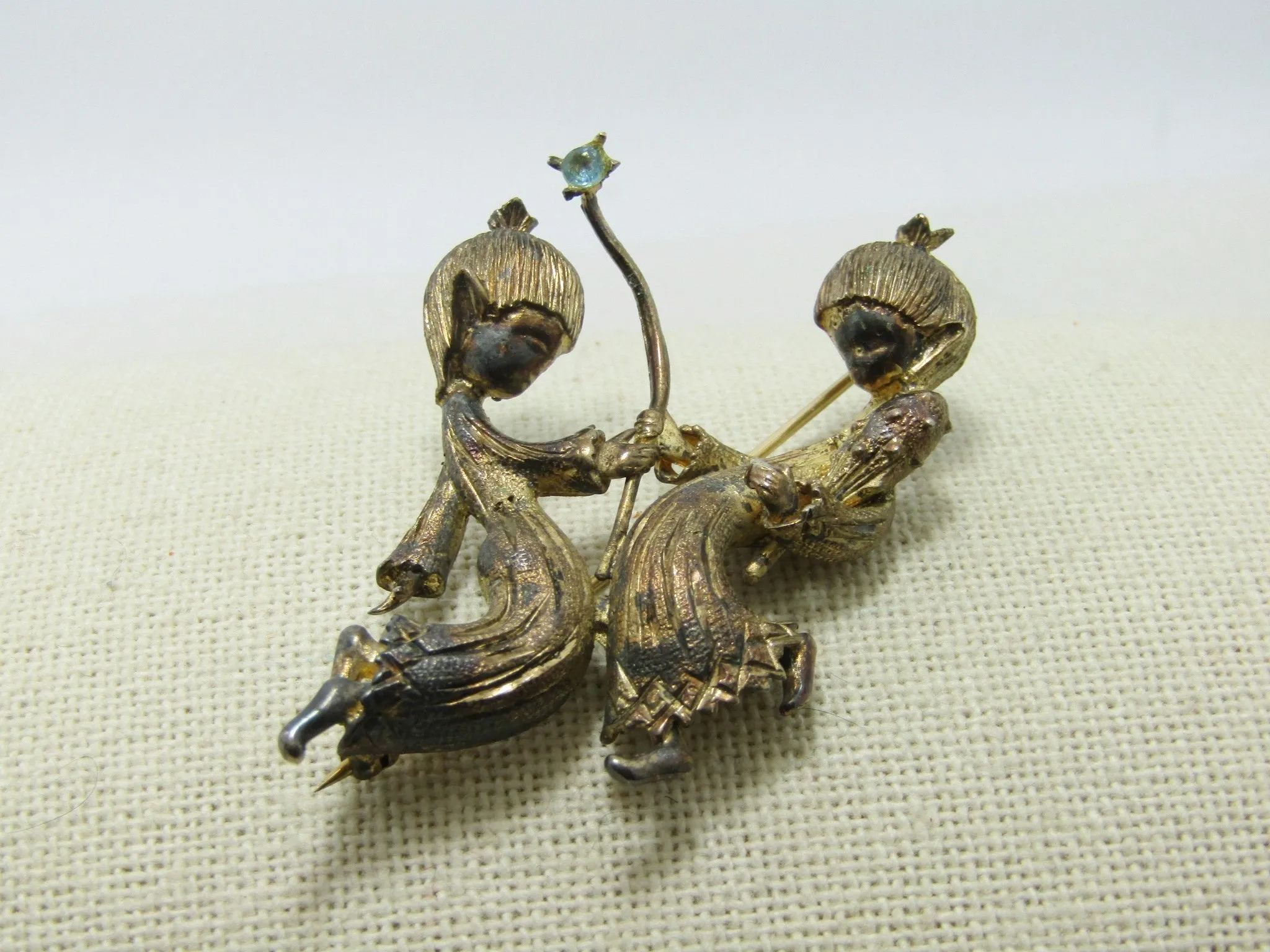 Vintage Sterling Vermeil Gemini Birthstone Brooch, Pixie Twins, Signed Vogue, Zodiac Collection, early 1900's, 16.61gr, 2"