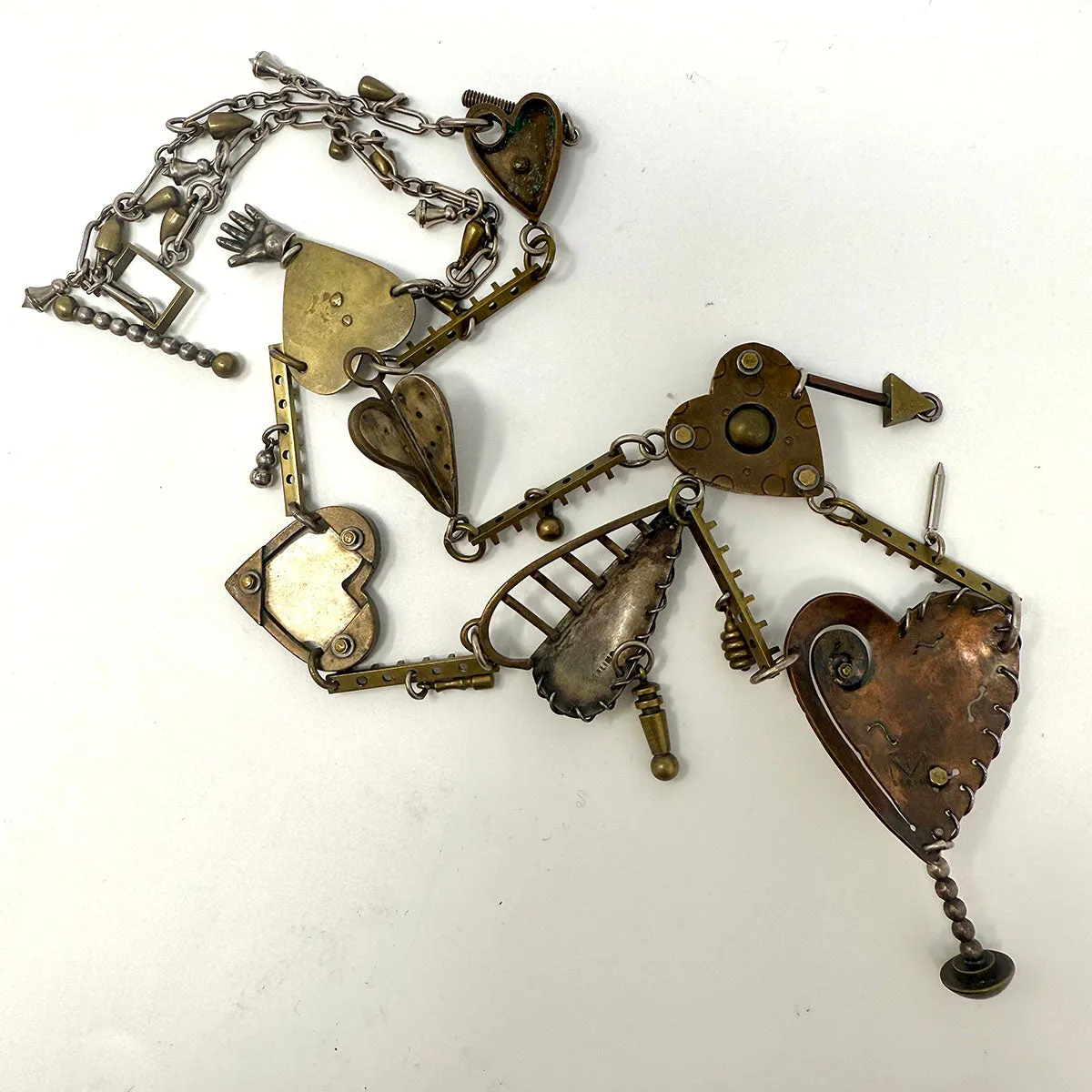 Vintage Thomas Mann Mixed Metal Steampunk Heart Charm Link Necklace