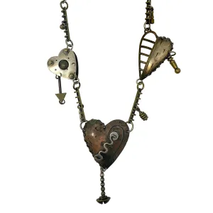 Vintage Thomas Mann Mixed Metal Steampunk Heart Charm Link Necklace