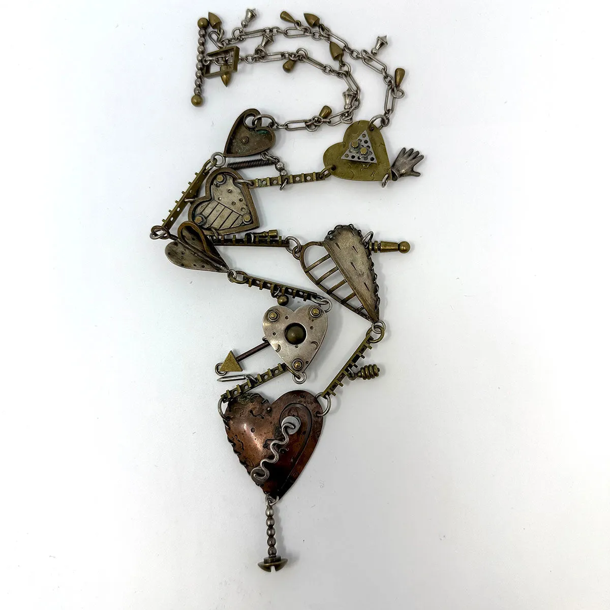 Vintage Thomas Mann Mixed Metal Steampunk Heart Charm Link Necklace