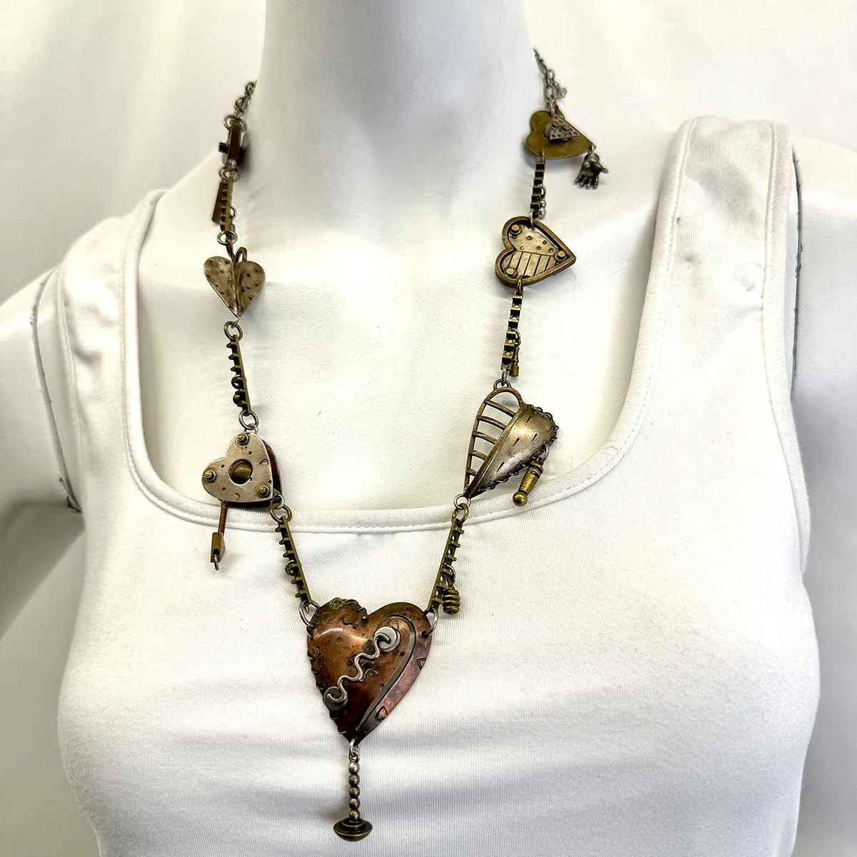 Vintage Thomas Mann Mixed Metal Steampunk Heart Charm Link Necklace