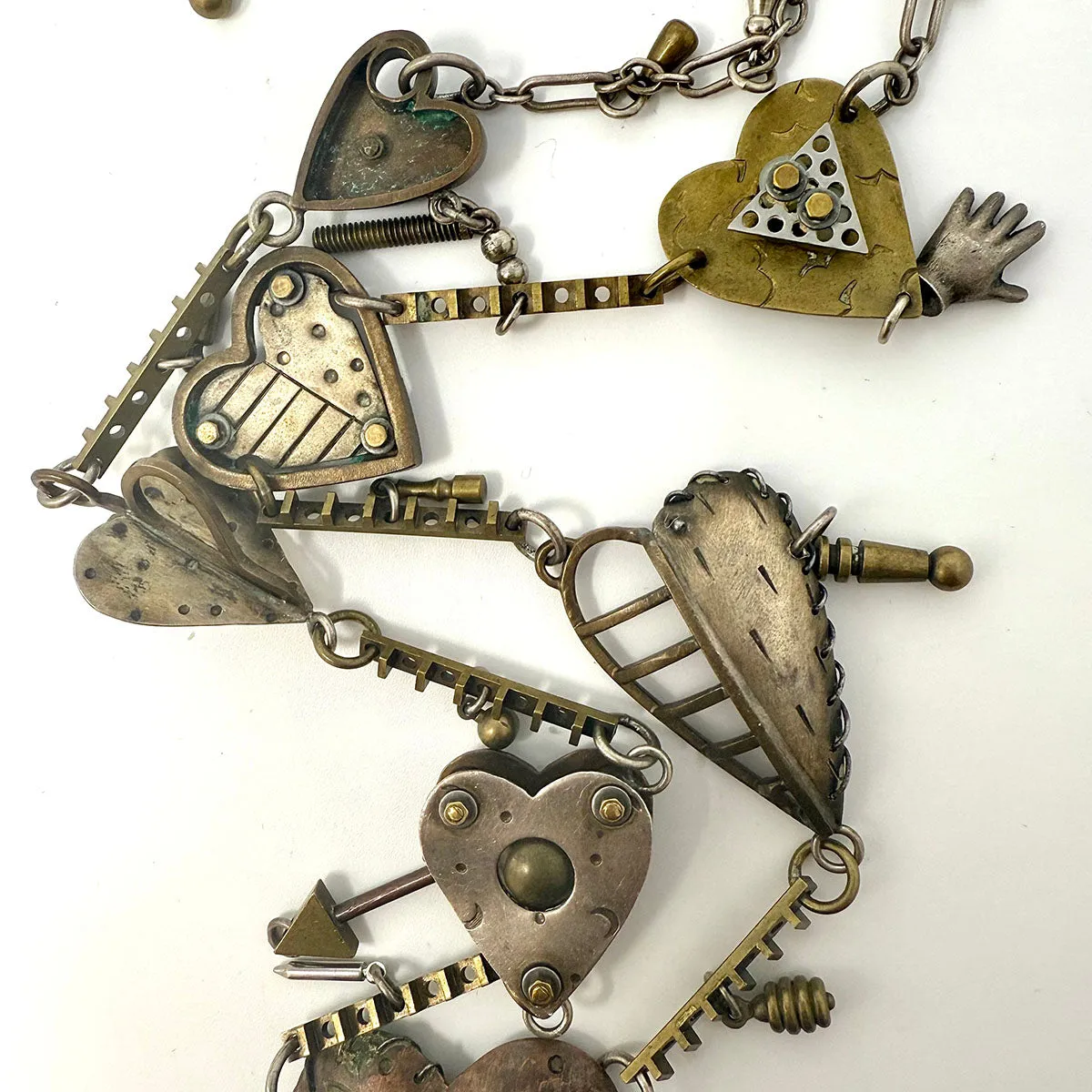 Vintage Thomas Mann Mixed Metal Steampunk Heart Charm Link Necklace