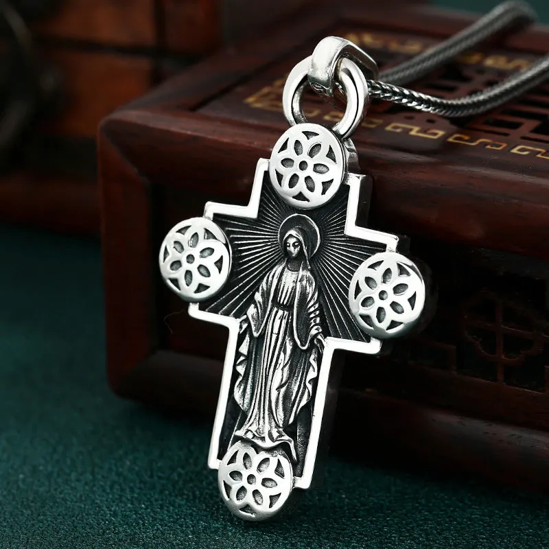 Vintage Virgin Mary Cherry Blossom Cross Virgencita Necklace