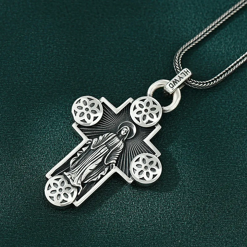 Vintage Virgin Mary Cherry Blossom Cross Virgencita Necklace