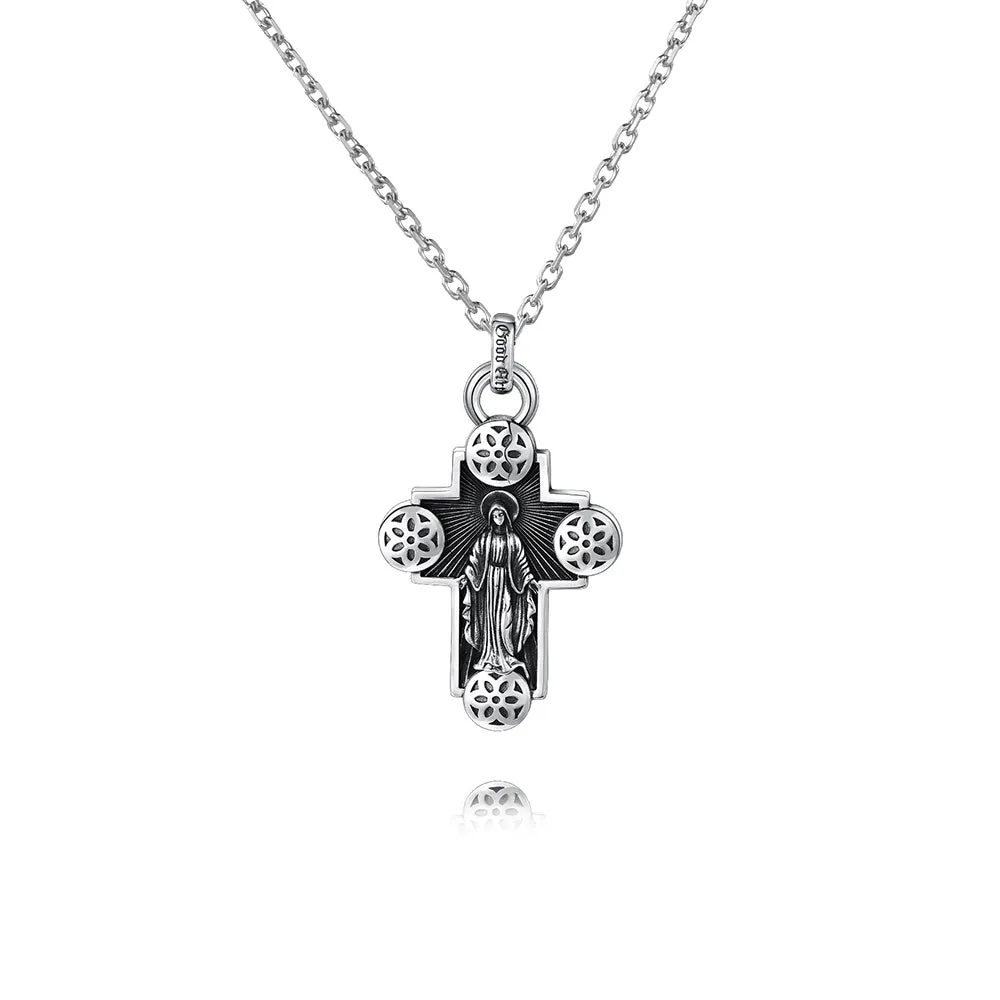 Vintage Virgin Mary Cherry Blossom Cross Virgencita Necklace