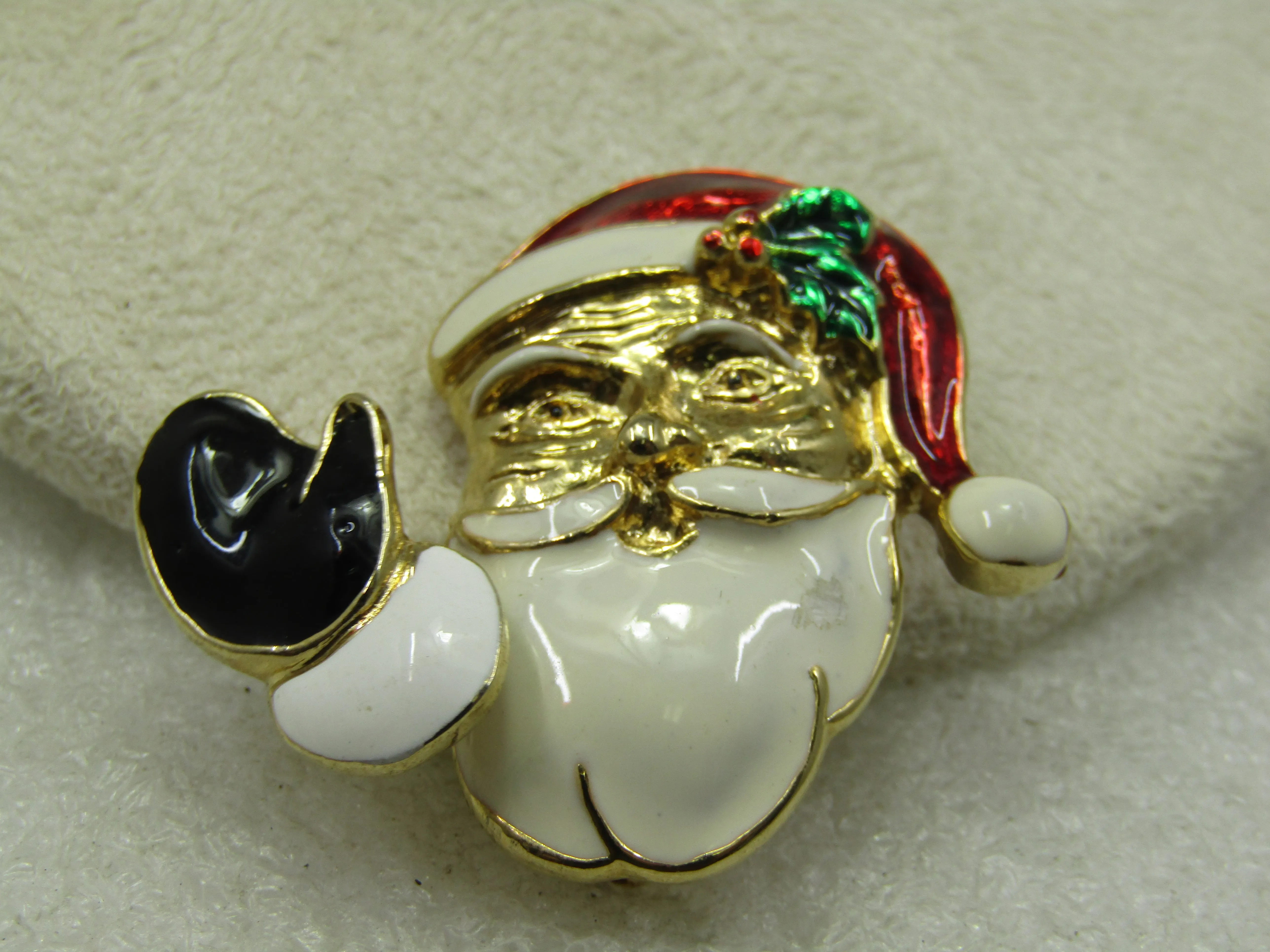Vintage Waving Santa Trembler Christmas Brooch, Enameled, 1970's-1980's