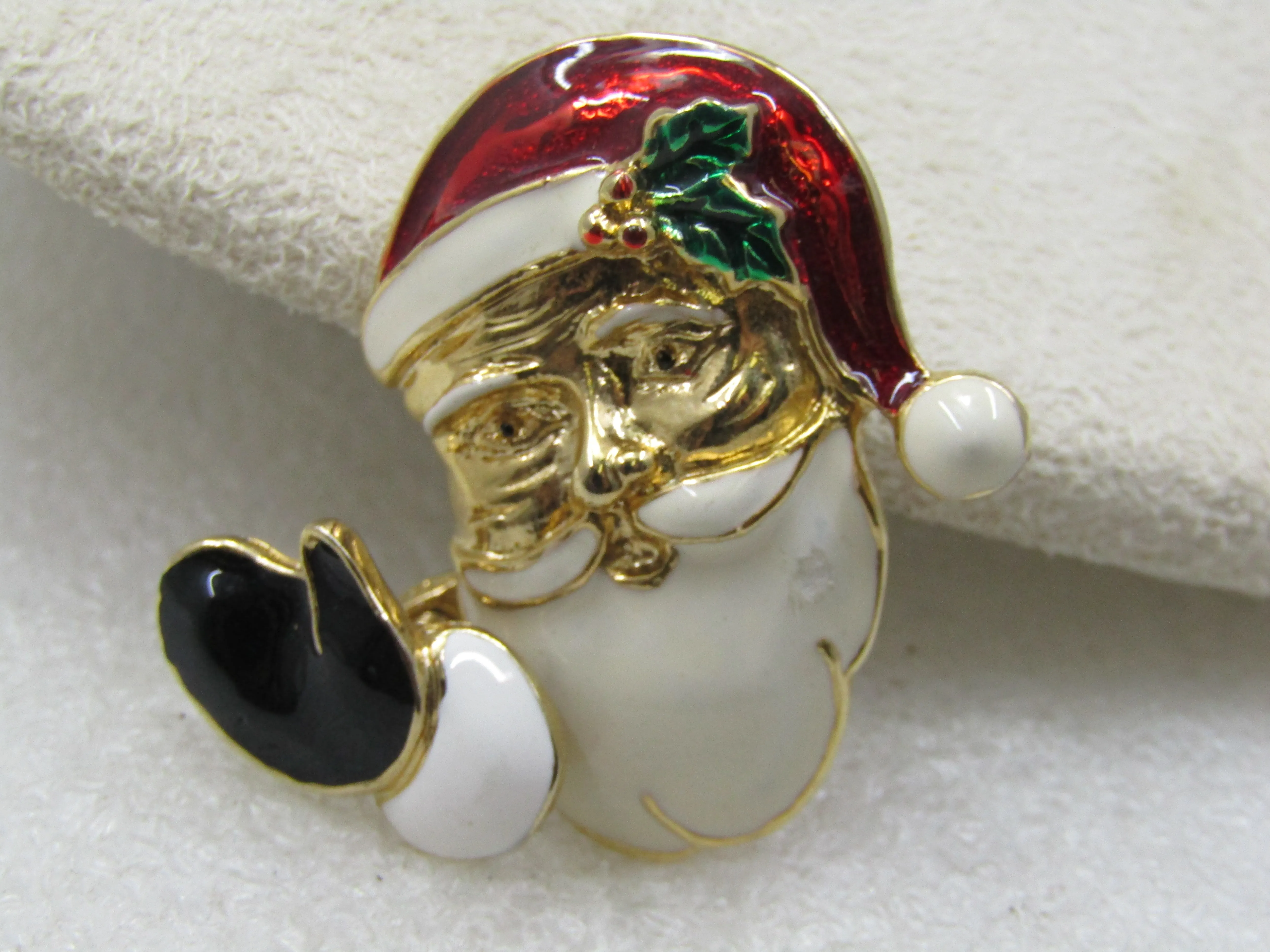 Vintage Waving Santa Trembler Christmas Brooch, Enameled, 1970's-1980's