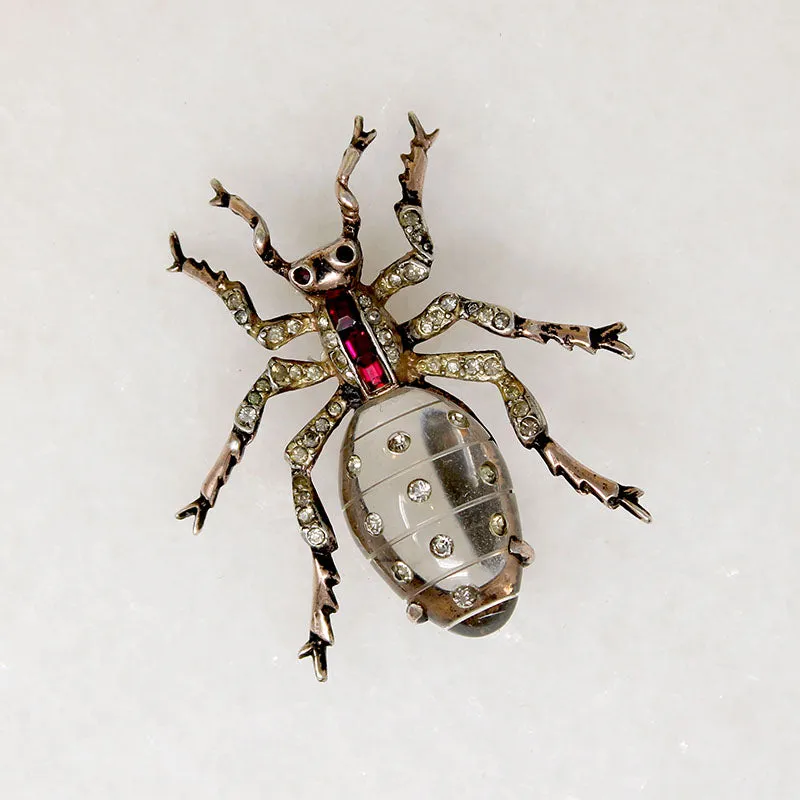 Whimsical Crystal & Sterling Coro Bug Brooch