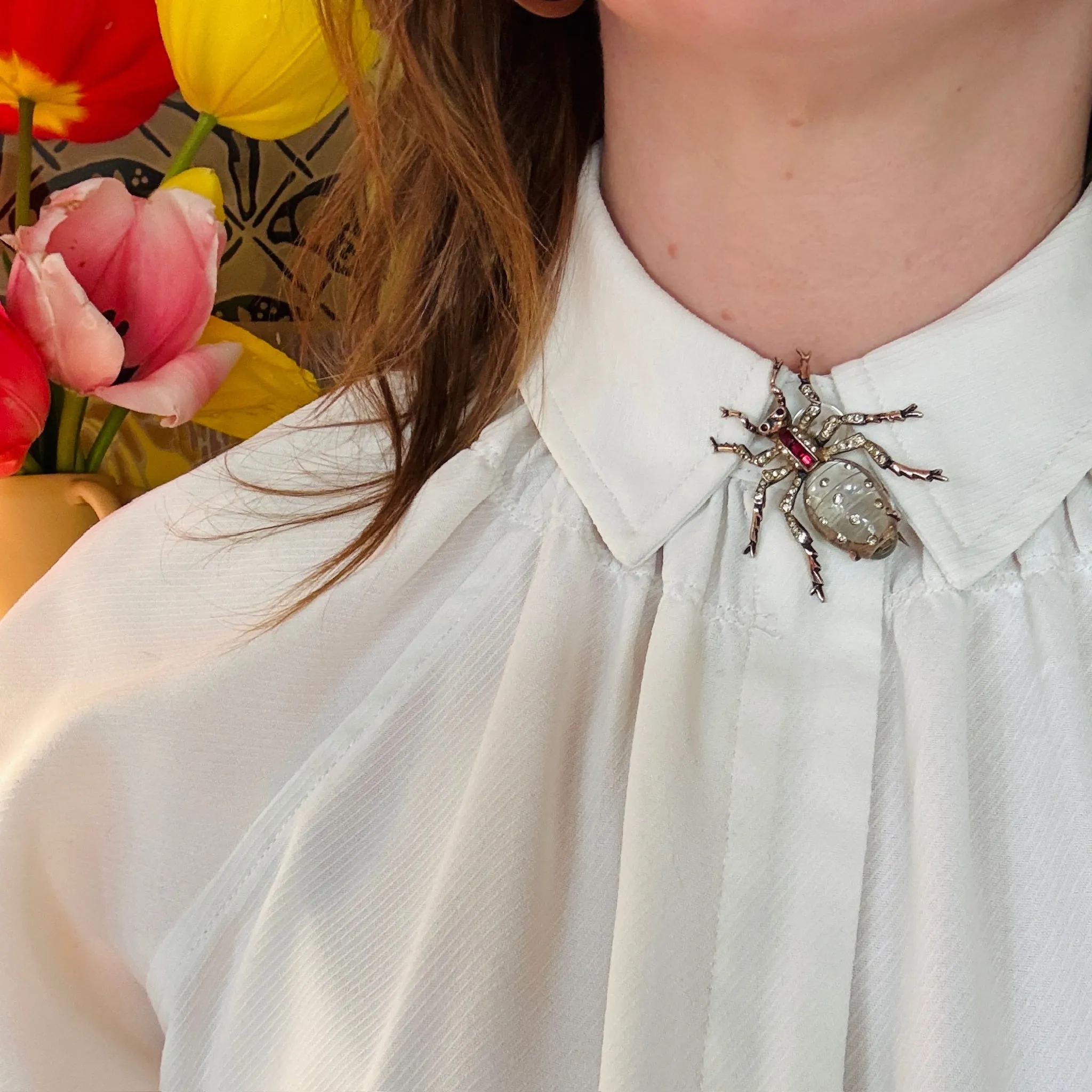 Whimsical Crystal & Sterling Coro Bug Brooch