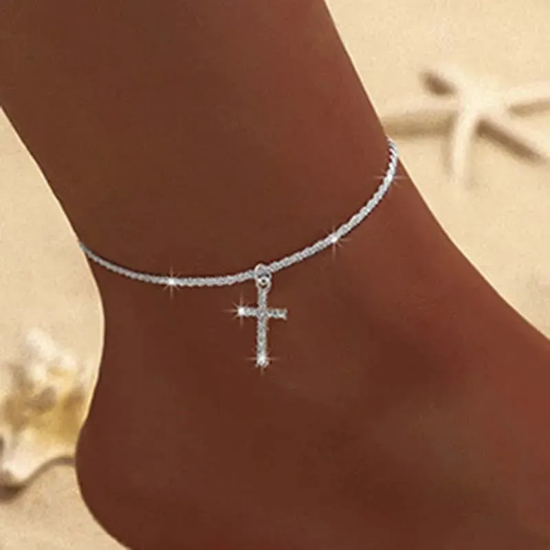 Women's Sparkling Chain Anklet with Heart Pendant