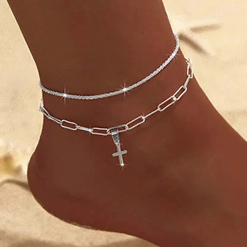 Women's Sparkling Chain Anklet with Heart Pendant