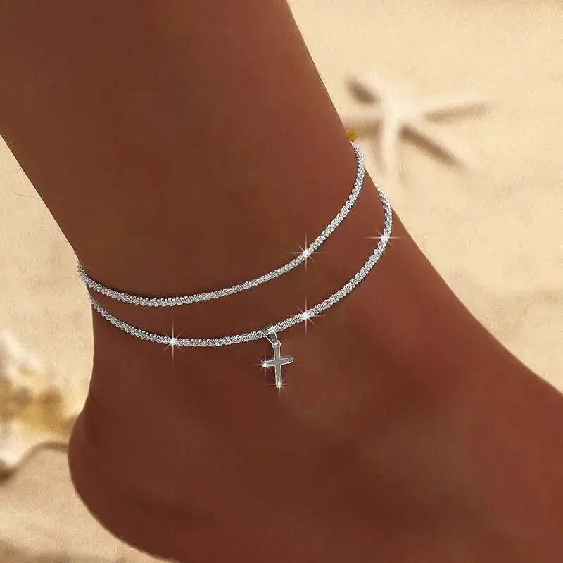 Women's Sparkling Chain Anklet with Heart Pendant