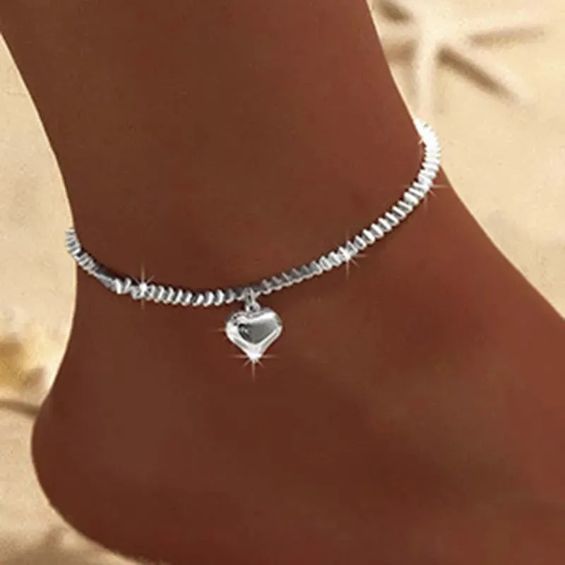 Women's Sparkling Chain Anklet with Heart Pendant