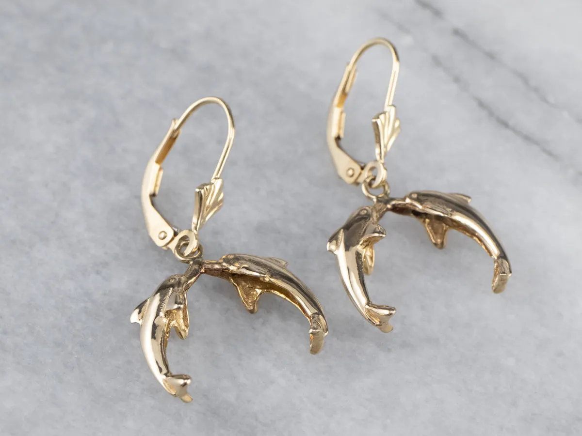 Yellow 14K Gold Dolphin Drop Earrings