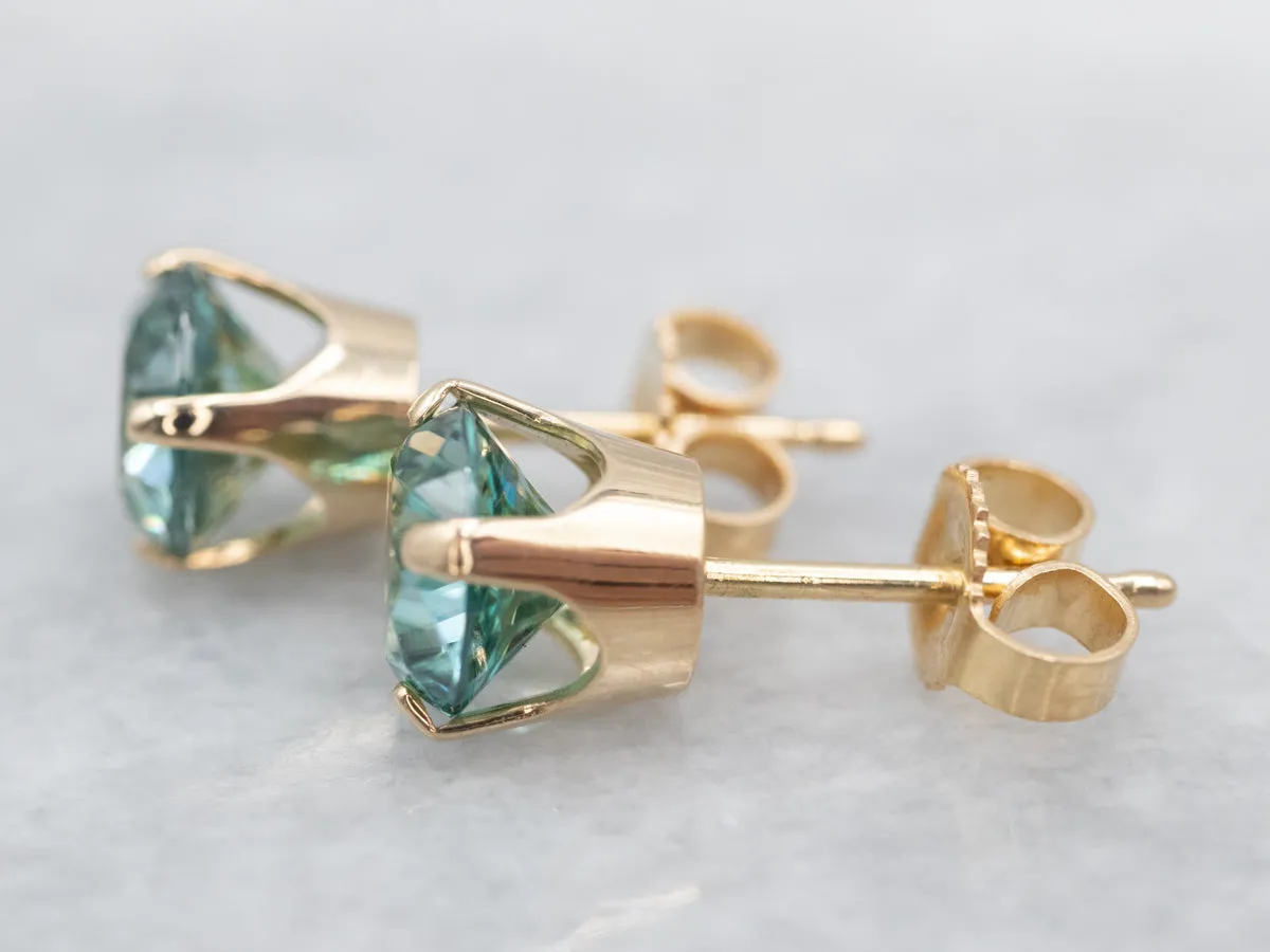 Yellow Gold Blue Zircon Stud Earrings