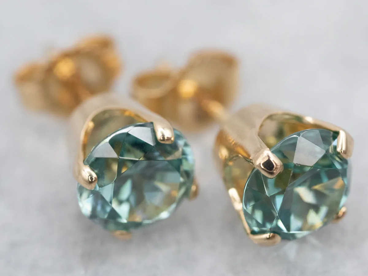 Yellow Gold Blue Zircon Stud Earrings