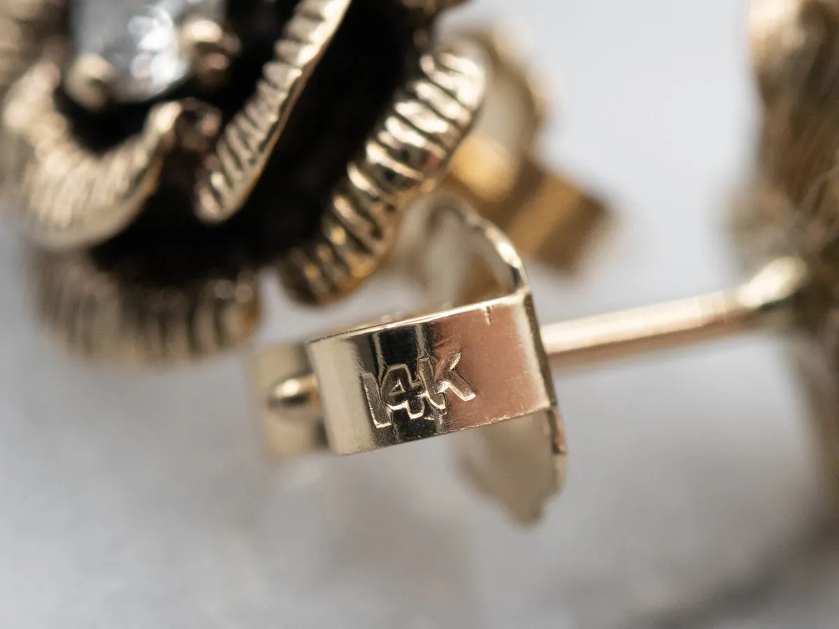 Yellow Gold Etched Flower and Diamond Stud Earrings