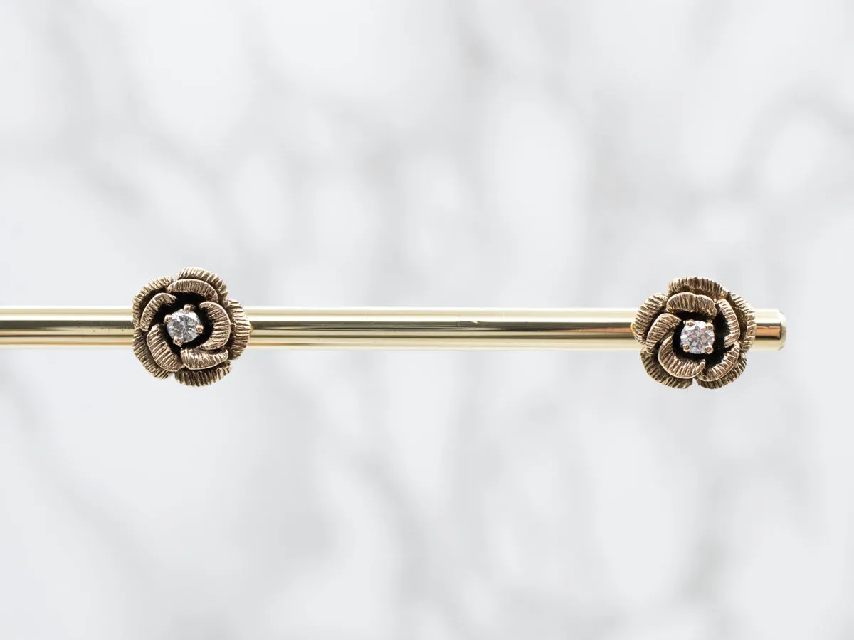 Yellow Gold Etched Flower and Diamond Stud Earrings