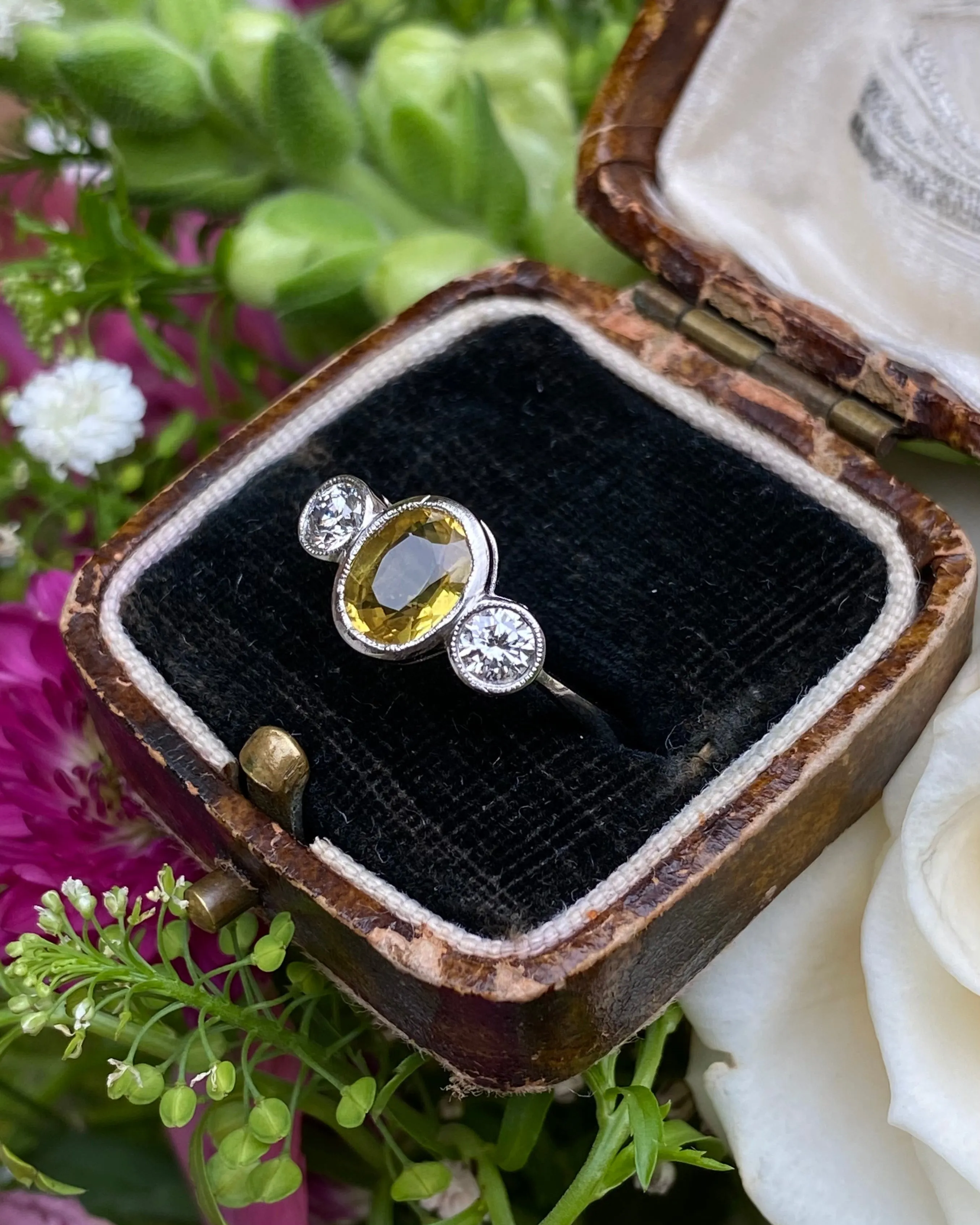 Yellow Sapphire and Diamond Three Stone Trilogy Ring Platinum 0.40ct   1.30ct