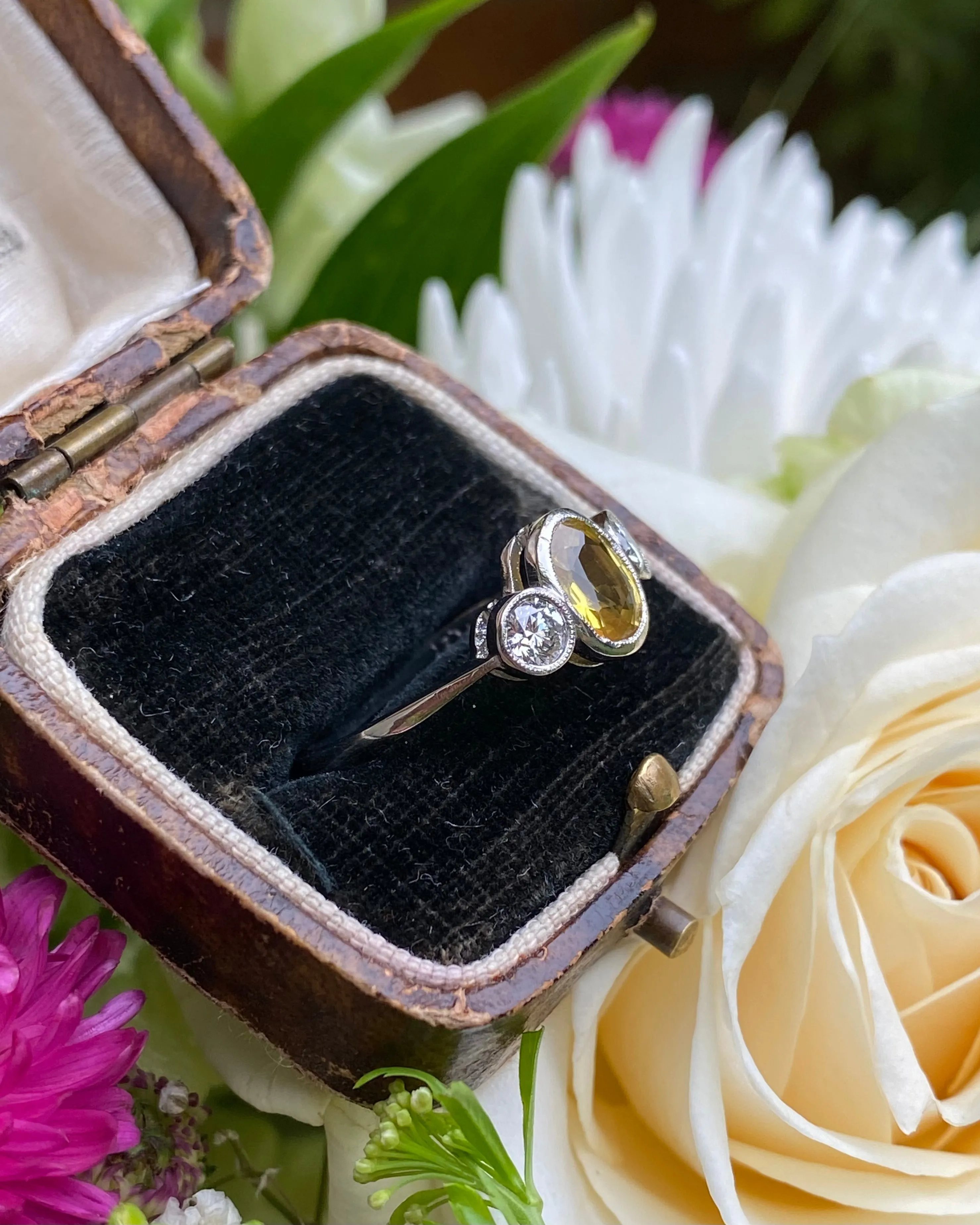 Yellow Sapphire and Diamond Three Stone Trilogy Ring Platinum 0.40ct   1.30ct